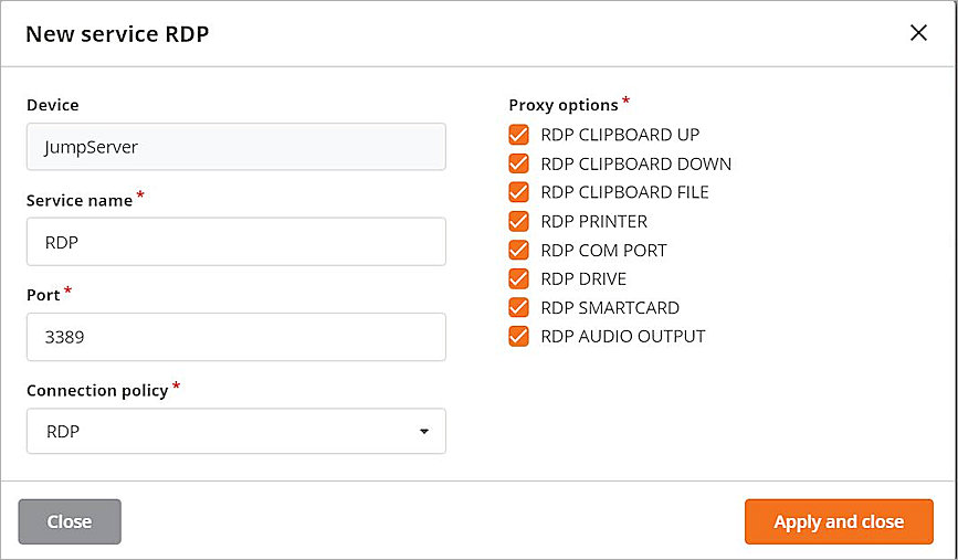 Screen shot of the New Service RDP dialog box